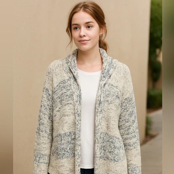 Blush Noir Sweaters - Blush Noir Hooded Open Cardigan Sweater Blue Cream Marled Knit Boho Sz. M #1130